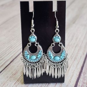 NWT Silver & Turquoise Color Beaded Boho Style Tassel Dangle Earrings